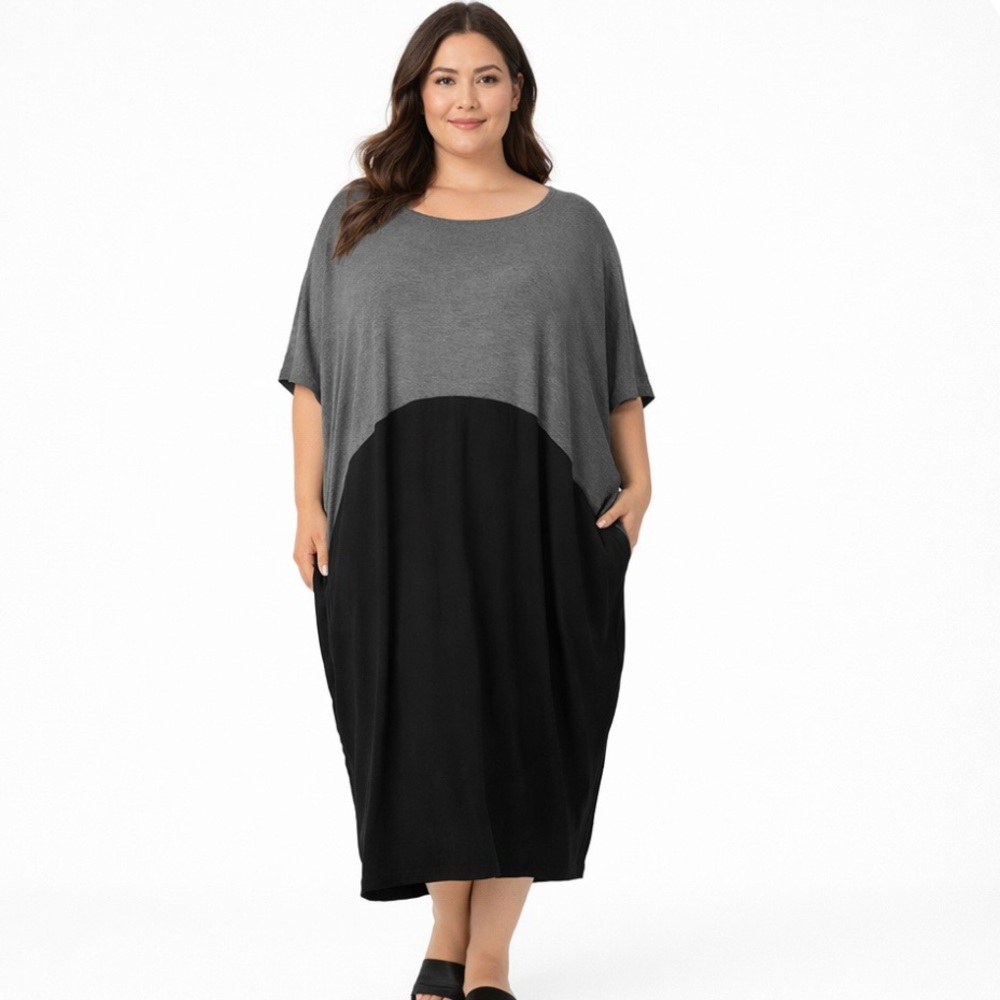 Suzanne Betro Two-Tone Gray and Black Midi Dress